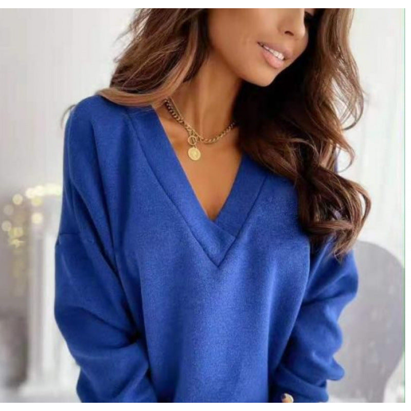 Damen lässiger V-Ausschnitt Pullover aus weichem Baumwollmix EB