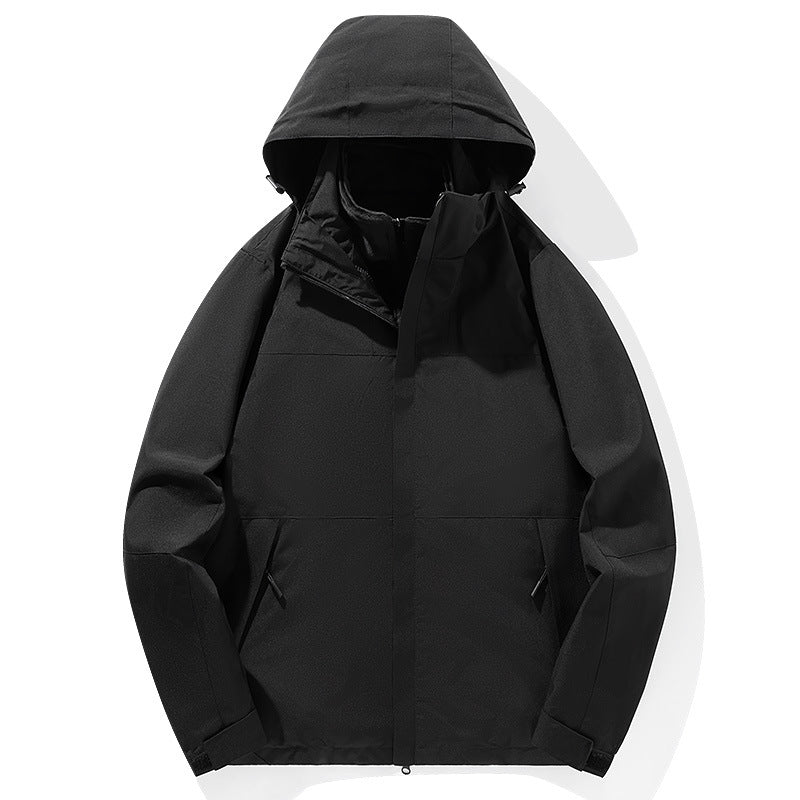 Herren zweilagige Softshell-Trekkingjacke mit fest integrierter Kapuze und fleecegefüttertem Kragen EB