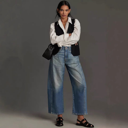 Damen Weit geschnittene Denim-Hose mit elastischem Bund und modischem Schnitt EB
