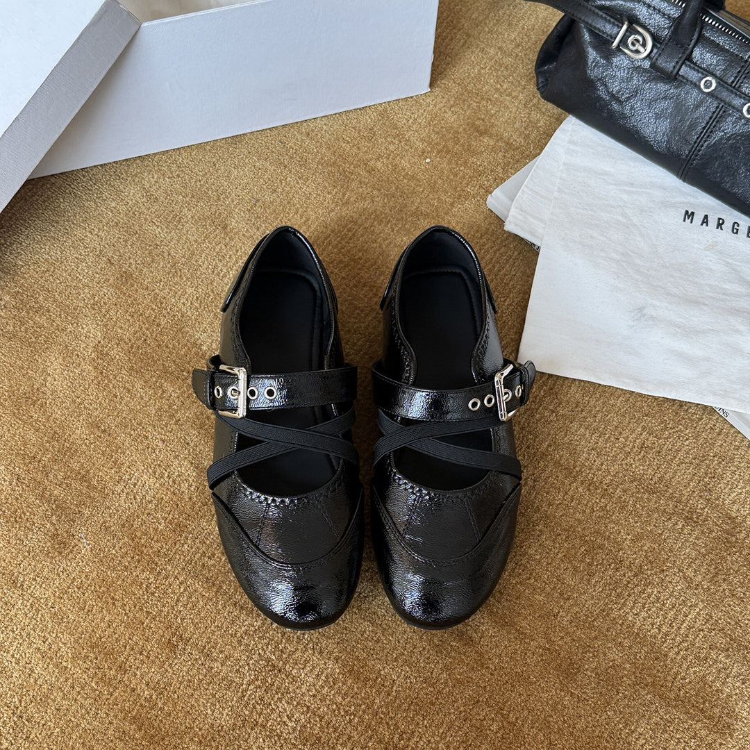 Damen Bequeme Ballerinas mit verstellbarem Riemchen und modischem Metallic-Finish EB