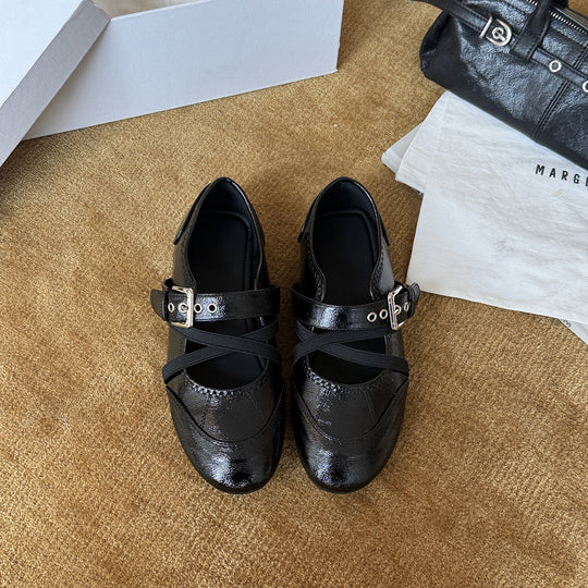 Damen Bequeme Ballerinas mit verstellbarem Riemchen und modischem Metallic-Finish EB
