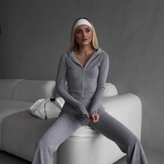 Damen figurformendes Set aus taillierter Reißverschlussjacke und High-Waist-Leggings EB