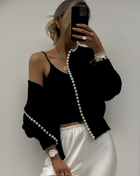 Damen Strickjacke mit auffälligem Perlenbesatz und offenem Design EB