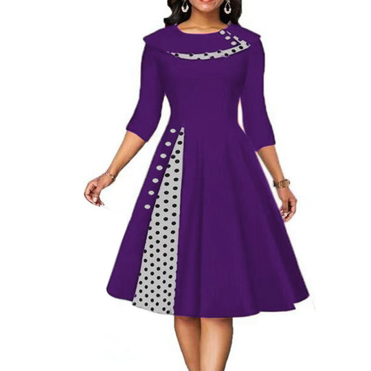 Damen Elegantes Midi-Kleid mit Punkten und seitlicher Kontrastdetail EB