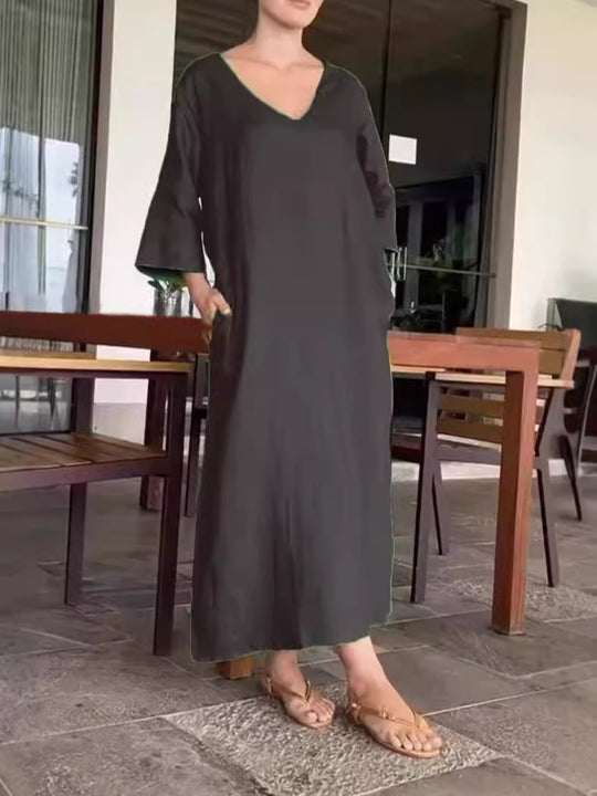 Damen luftiges Maxikleid aus atmungsaktiver Baumwolle mit V-Ausschnitt und praktischen Taschen EB
