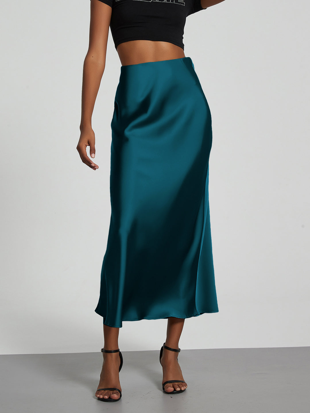 Damen Stilvolle Satin-Stretchrock mit hohem Bund und fließendem Schnitt EB