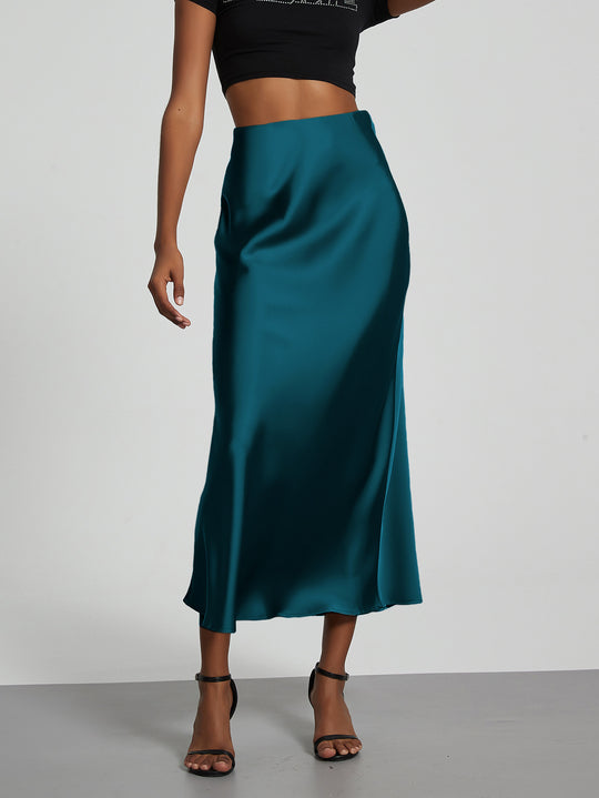 Damen Stilvolle Satin-Stretchrock mit hohem Bund und fließendem Schnitt EB