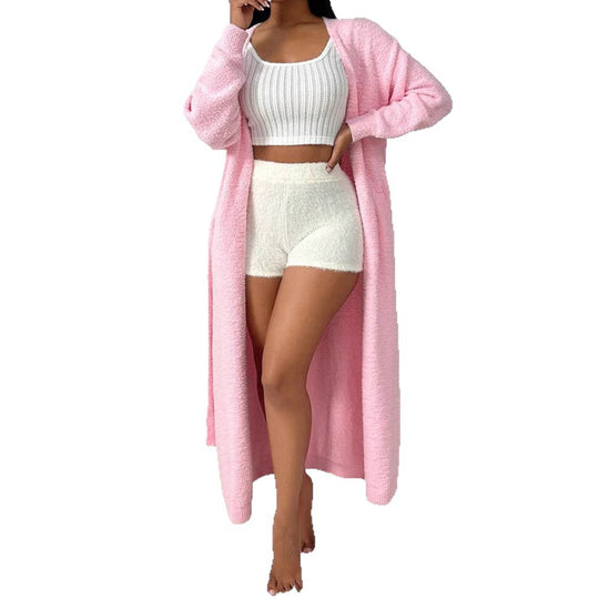 Damen Langer Wickel-Cardigan in Flausch-Optik mit Bindegürtel EB