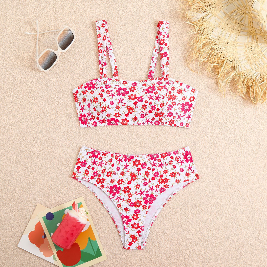 Damen Zweiteiliges Crop-Top Bikini-Set mit floralem Design und breiten Trägern EB
