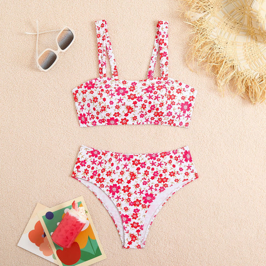 Damen Zweiteiliges Crop-Top Bikini-Set mit floralem Design und breiten Trägern EB
