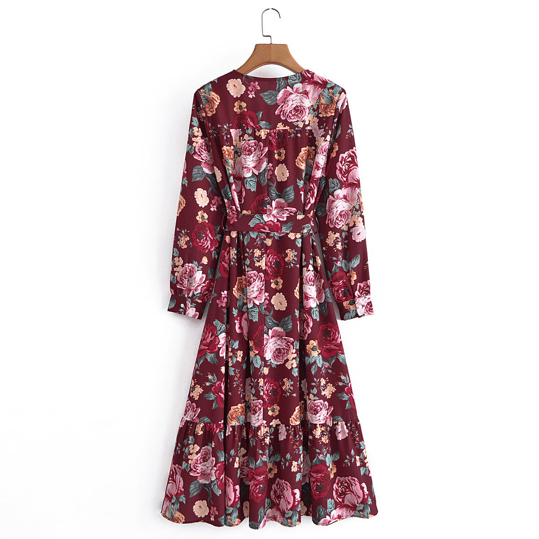 Damen Wickel-Maxikleid mit V-Ausschnitt, Taillengürtel und Stufensaum EB
