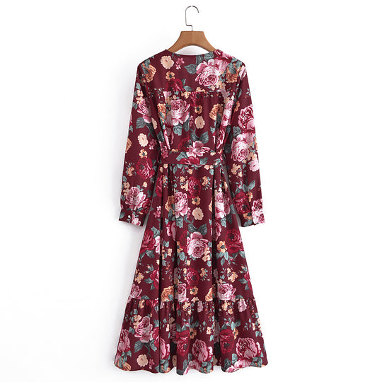 Damen Wickel-Maxikleid mit V-Ausschnitt, Taillengürtel und Stufensaum EB