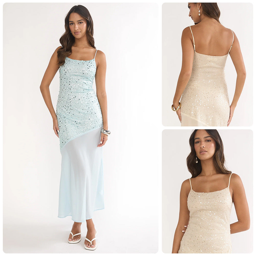Damen Glitzerndes Maxikleid mit transparentem Obermaterial und asymmetrischem Saum EB