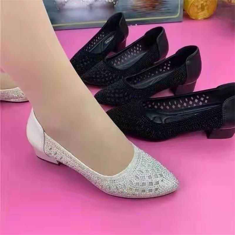 Damen elegante Ballerinas mit funkelndem Strass und komfortablem Blockabsatz EB