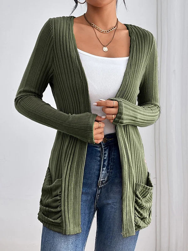 Damen Gerippter Langcardigan mit offener Front, Eingrifftaschen und legerer Passform EB