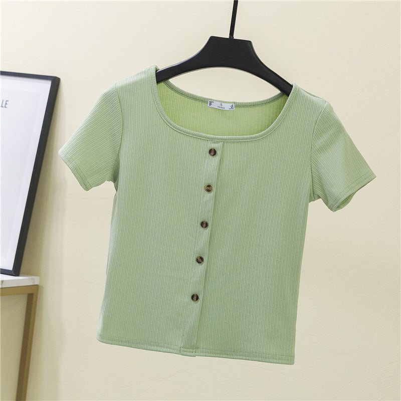 Damen Kurzarmshirt mit dekorativer Knopfleiste und modernem Rippenstrick EB