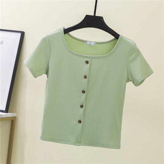 Damen Kurzarmshirt mit dekorativer Knopfleiste und modernem Rippenstrick EB