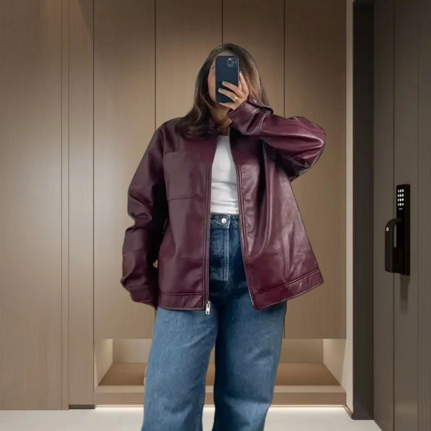 Damen Kunstlederjacke mit praktischen Taschen und elastischem Bund EB