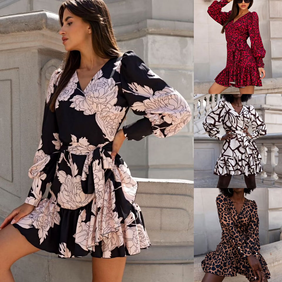 Damen nan Wickelkleid mit Leopardenmuster, V-Ausschnitt, geraffter Taillenpartie und mehrlagigem Stufenrock EB
