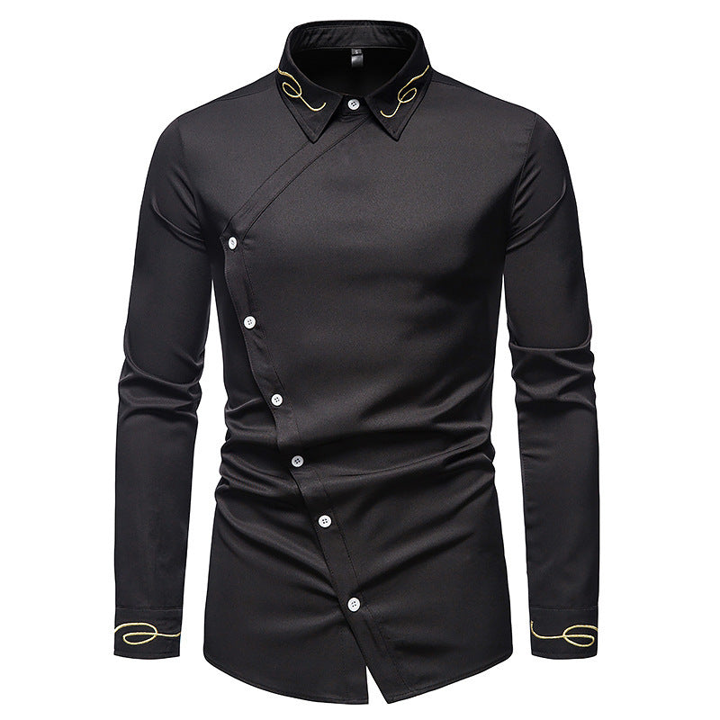 Herren Elegantes Langarmhemd mit asymmetrischem Knopfdesign und gesticktem Kragen EB