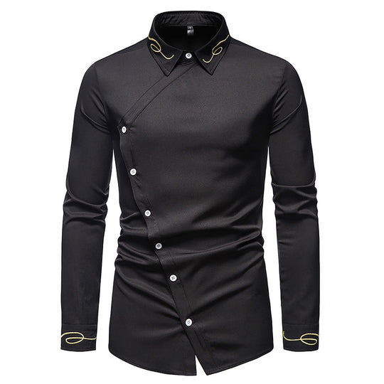 Herren Elegantes Langarmhemd mit asymmetrischem Knopfdesign und gesticktem Kragen EB