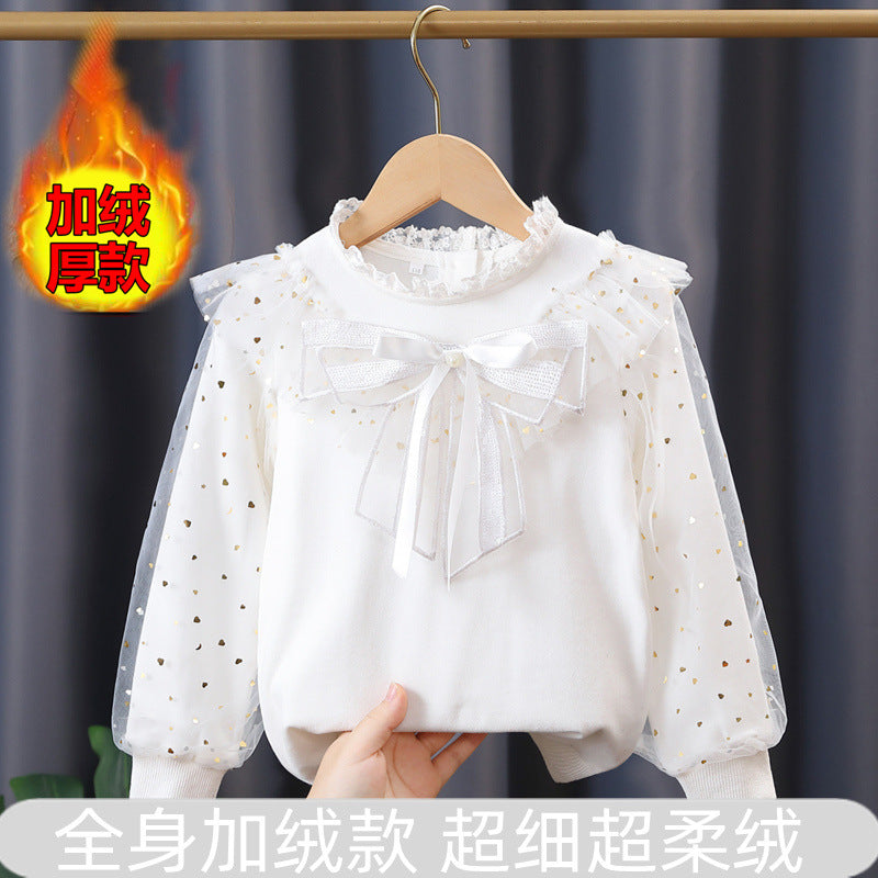 Mädchen modisches Sweatshirt mit dekorativen Tüllärmeln und Schleifendetails EB