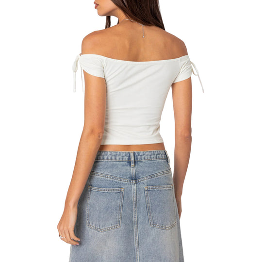 Damen raffiniertes Off-Shoulder T-Shirt mit eleganten Bindebändern EB