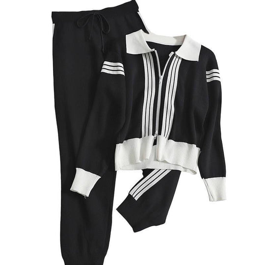 Damen modisches Strick-Loungewear-Set mit Reißverschluss und sportlichen Details EB
