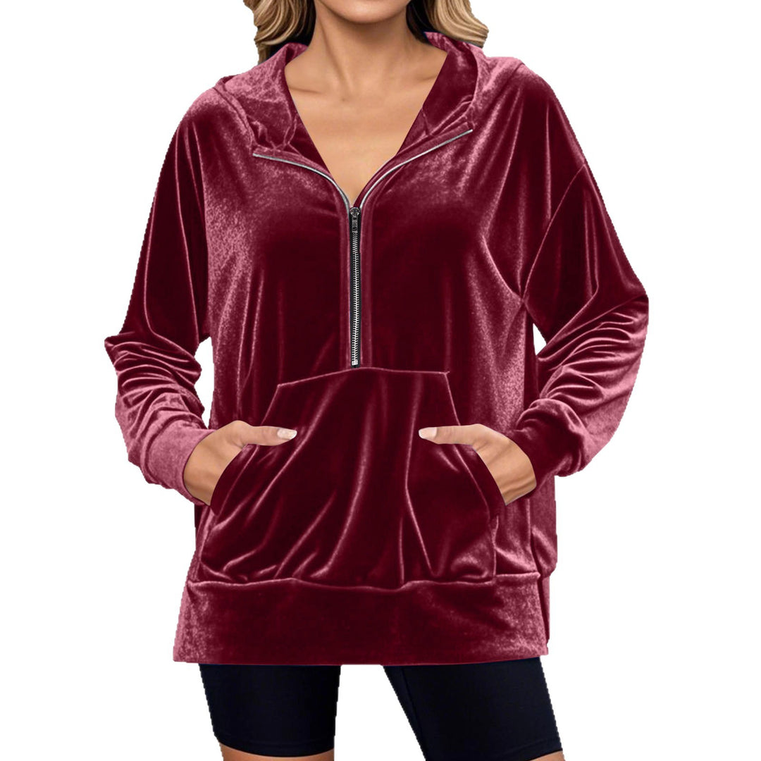 Damen Lässiger Velvet Hoodie mit praktischem Reißverschluss und Kängurutasche EB