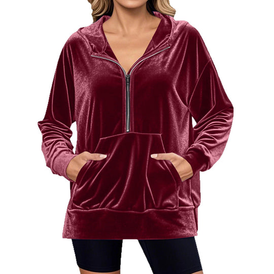 Damen Lässiger Velvet Hoodie mit praktischem Reißverschluss und Kängurutasche EB