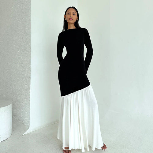 Damen elegantes, asymmetrisches Maxikleid mit langen Ärmeln und farblichen Kontrasten EB