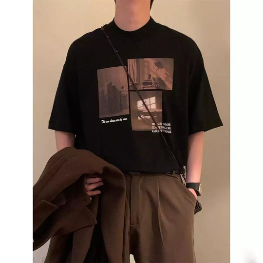 Damen modisches Kurzarm-T-Shirt mit kreativem Fotodruck und lockerer Passform EB