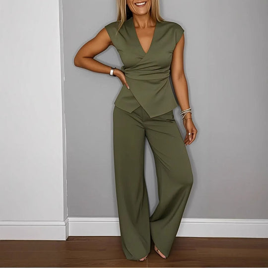 Damen elegantes Wickeloberteil mit weit geschnittenen Hosen EB