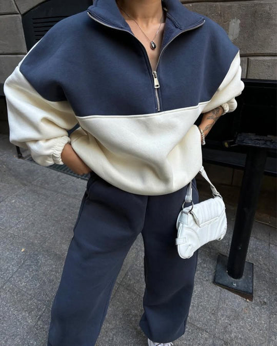 Damen Oversized Zweifarbiges Half-Zip Loungewear-Set mit Stehkragen und weitem Palazzo-Jogger EB