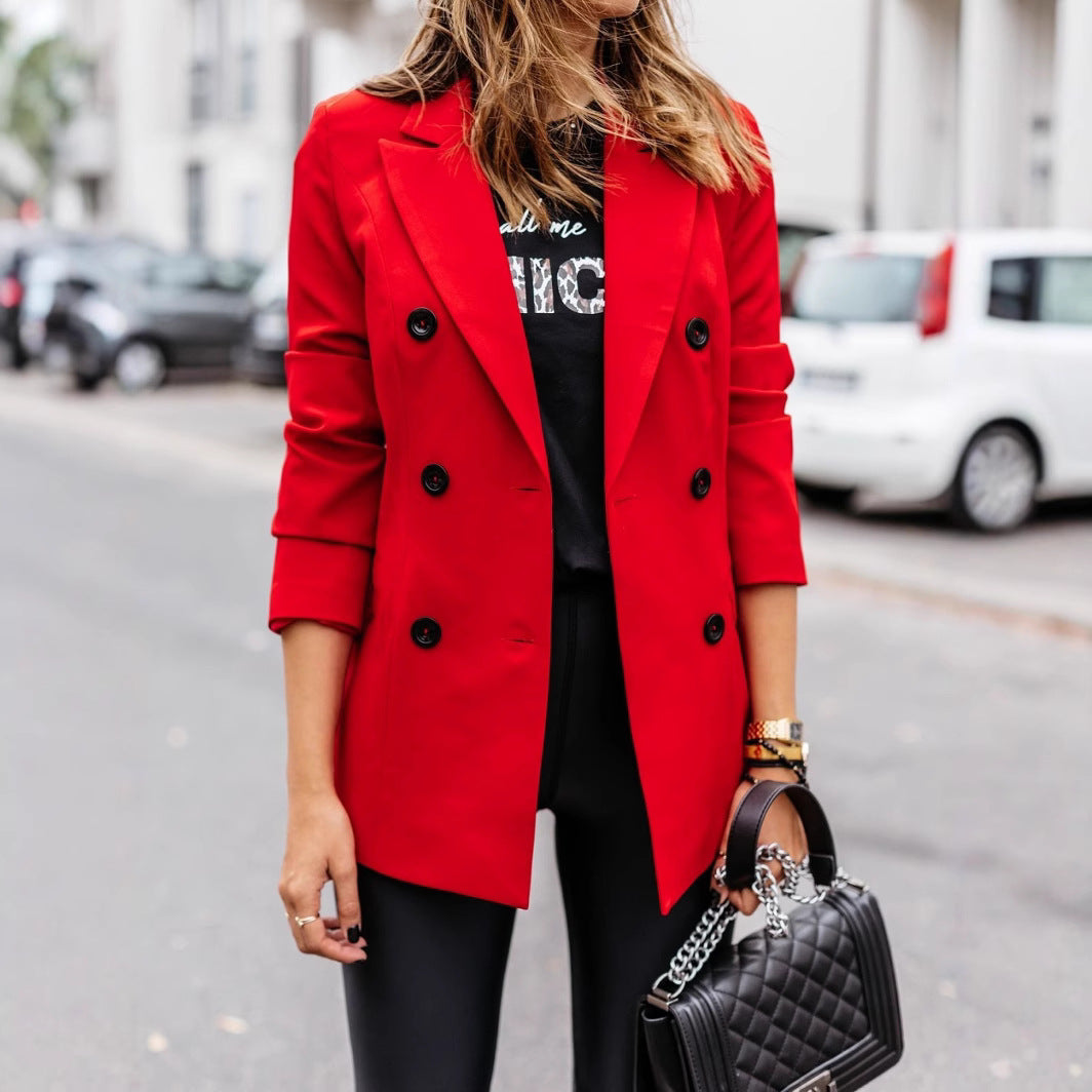 Damen nan taillierter Longblazer mit doppelreihiger Knopfleiste, Reverskragen und Eingrifftaschen EB