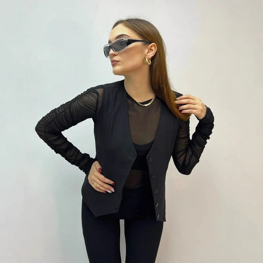Damen ärmellose Bluse mit Knopfleiste EB