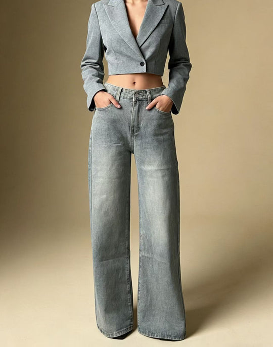 Damen weite Denim-Hose mit Vintage-Waschung und hoch geschnittenem Bund EB