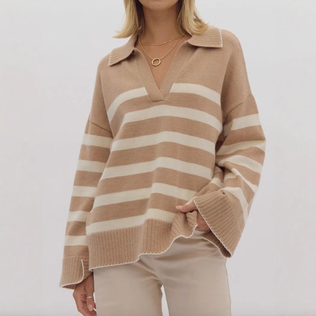 Damen kuschelige Strickpullover mit modernem Streifenmuster und V-Ausschnitt EB