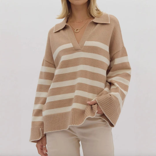 Damen kuschelige Strickpullover mit modernem Streifenmuster und V-Ausschnitt EB