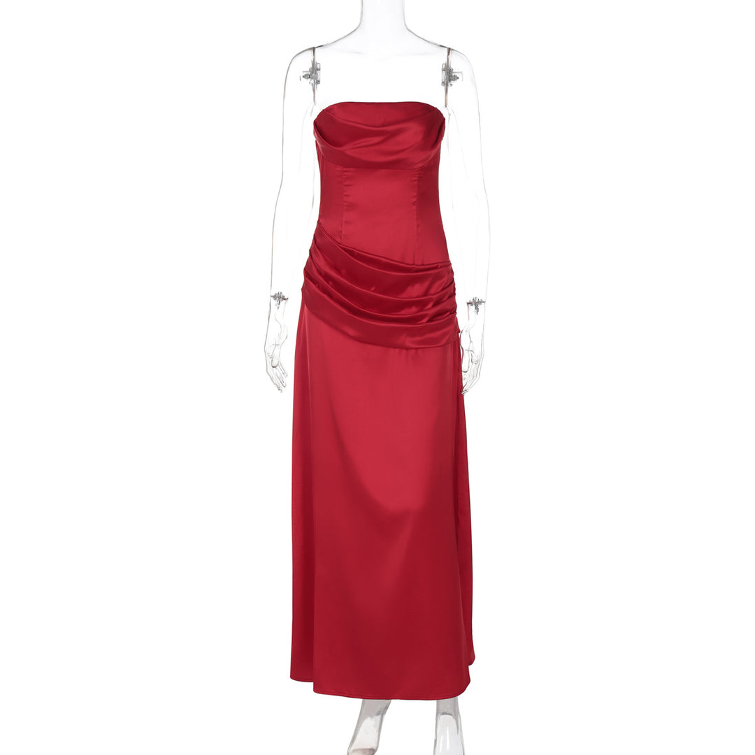 Damen elegantes Maxikleid mit raffiniertem Drapé und schulterfreiem Design EB