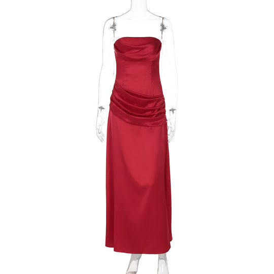 Damen elegantes Maxikleid mit raffiniertem Drapé und schulterfreiem Design EB