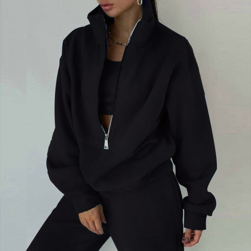 Damen nan Oversize Halbzip-Sweatshirt mit hohem Stehkragen und verdeckter Kängurutasche EB