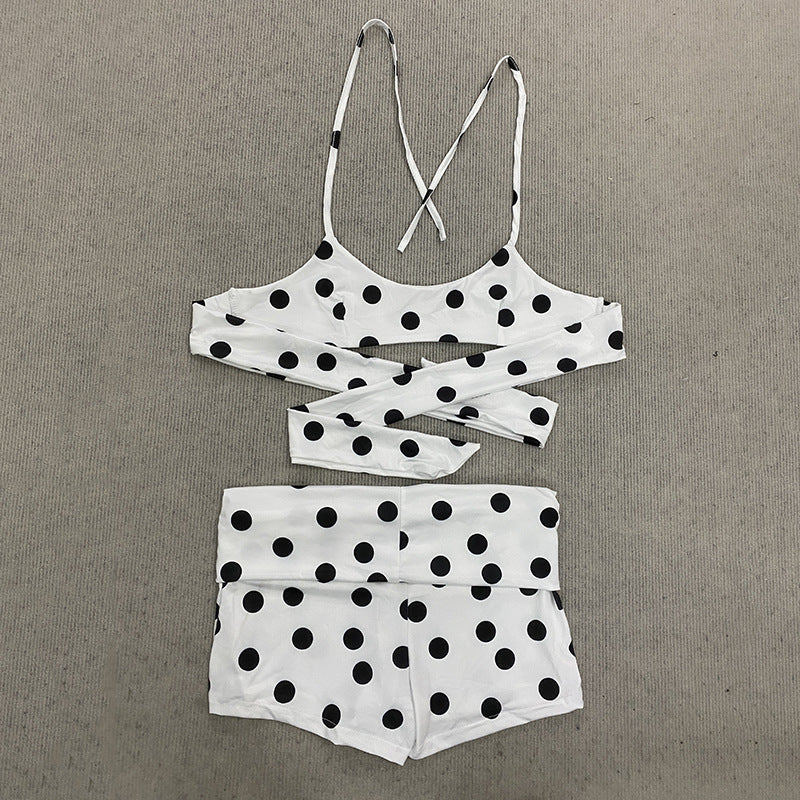 Damen sportliches Polka-Punkte Crop Top und Shorts Set EB
