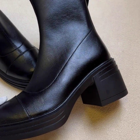 Damen Elegante und modische Stiefeletten mit hohem Blockabsatz und seitlichem Reißverschluss EB