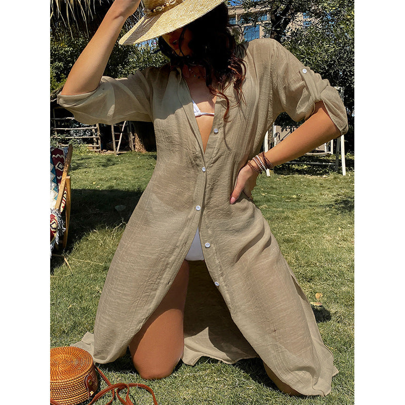 Damen lässiges Sommerkleid mit durchgehender Knopfleiste und seitlichen Taschen EB