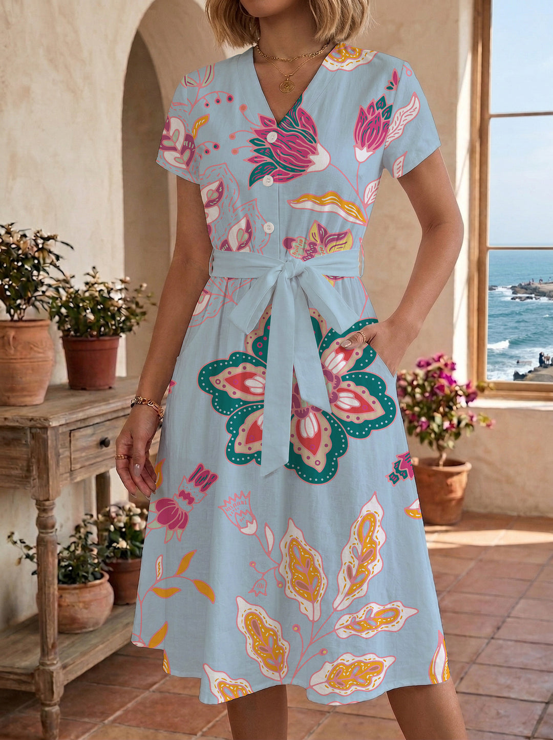 Damen Midikleid mit floralem Motiv und Taillengürtel EB