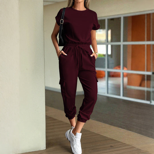 Damen lässiges Zweiteiliges Set mit elastischem Bund und seitlichen Taschen EB
