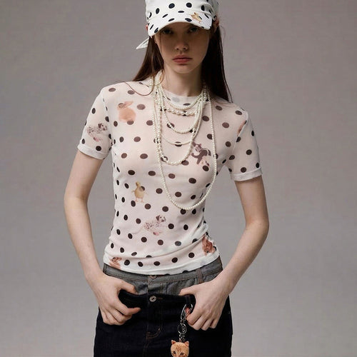 Damen Figurbetontes Polka-Dot T-Shirt mit verspieltem Tierdesign EB