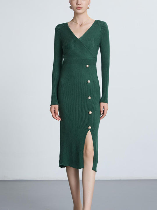 Damen Strickkleid mit Wickeloptik und Knopfdetails EB