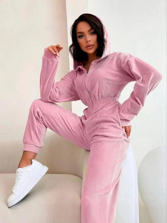 Damen Velours Jumpsuit mit Kapuze, Reißverschluss und tailliertem Gummibund EB